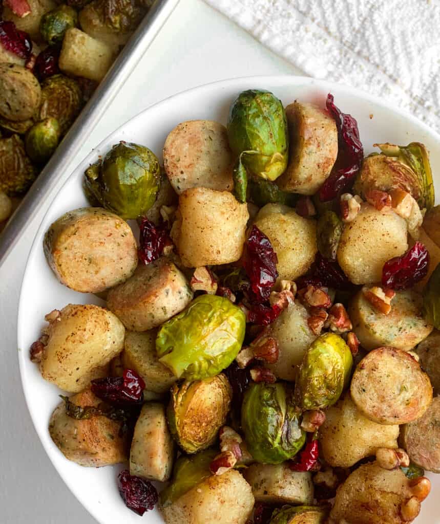 sheet pan cauliflower gnocchi, brussels sprouts and chicken sausage