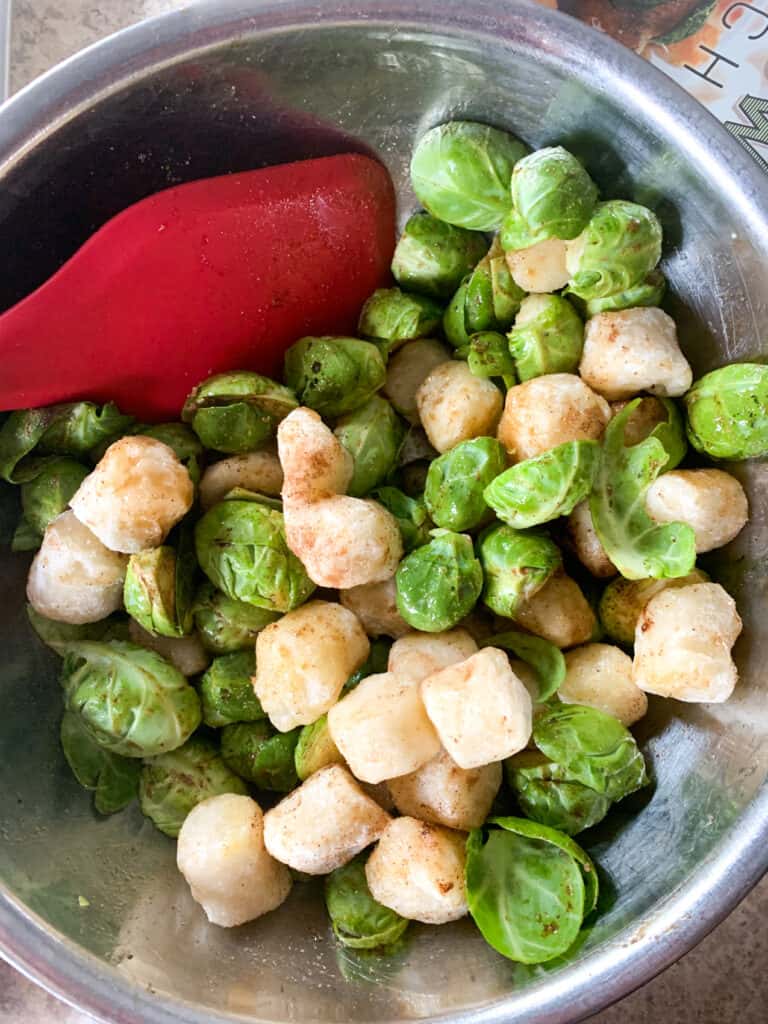 mixture of cauliflower gnocchi and brussels sprouts