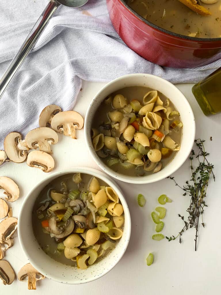 vegan mushroom and pasta soup served in bowls