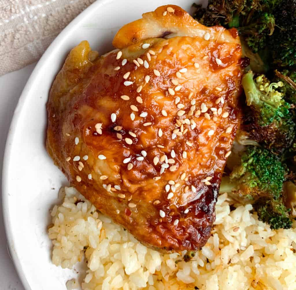 teriyaki chicken thigh, broccoli and rice