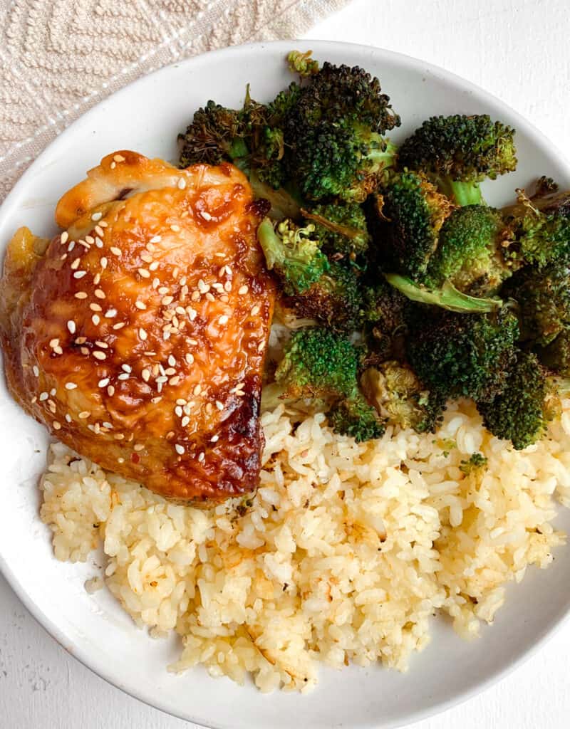 teriyaki chicken thigh, broccoli and rice