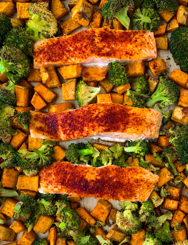 sheet pan salmon broccoli and sweet potatoes