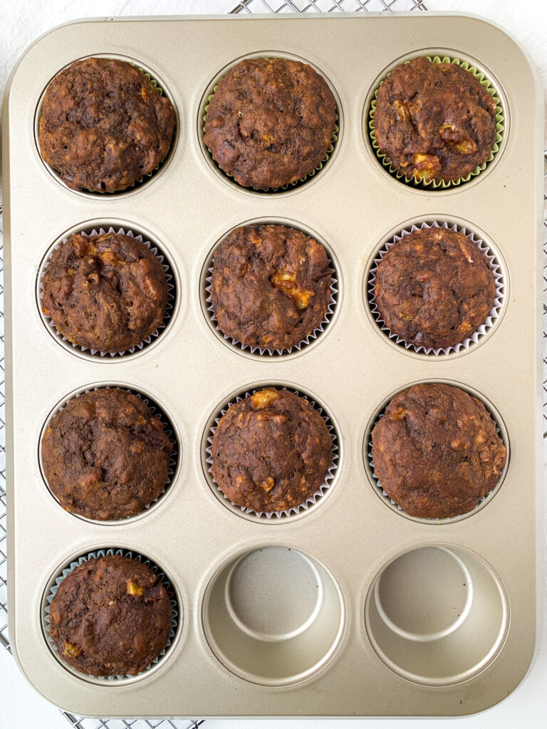 vegan double chocolate banana muffins in a tin